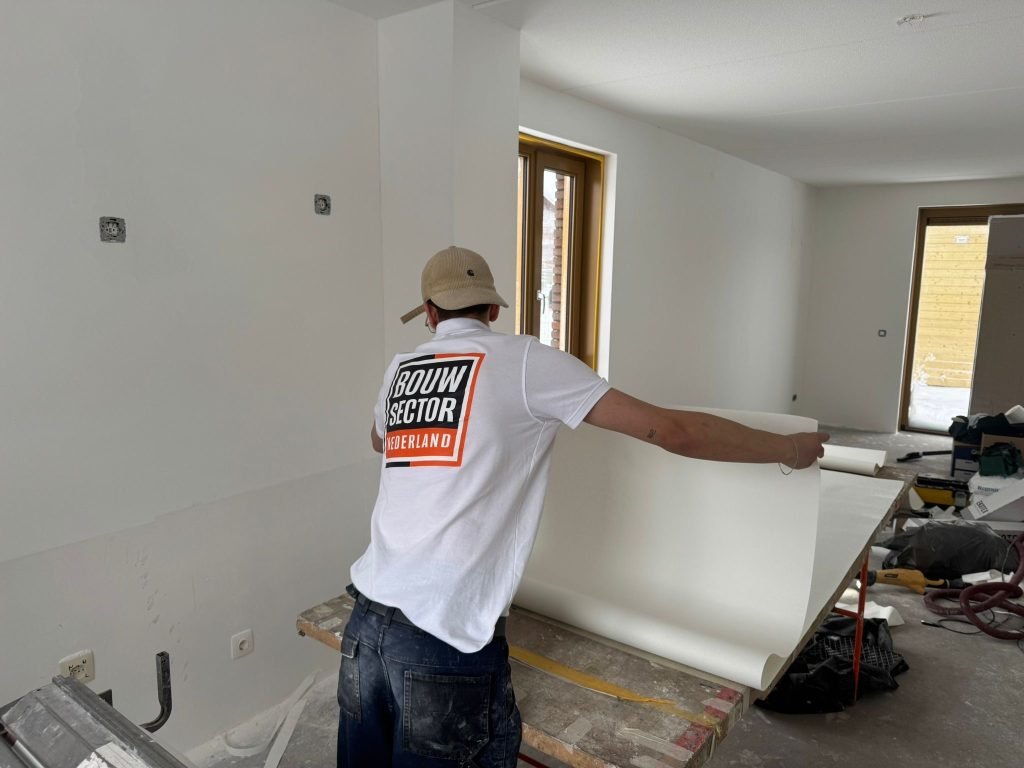 Behanger rolt een baan renovlies uit over de plaktafel in een nieuwbouwwoning met kale wanden