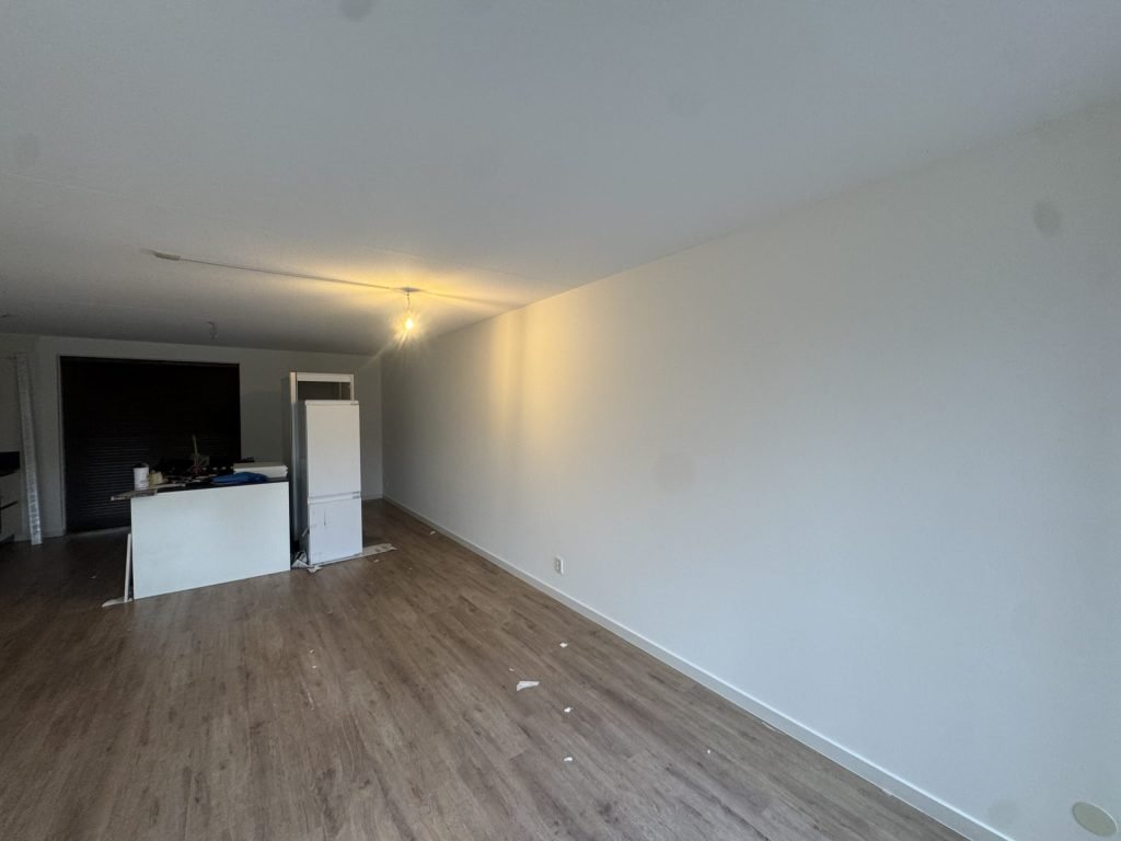 Lange woonkamer van een nieuw appartement met een strakke witte wand, laminaatvloer en een open keuken